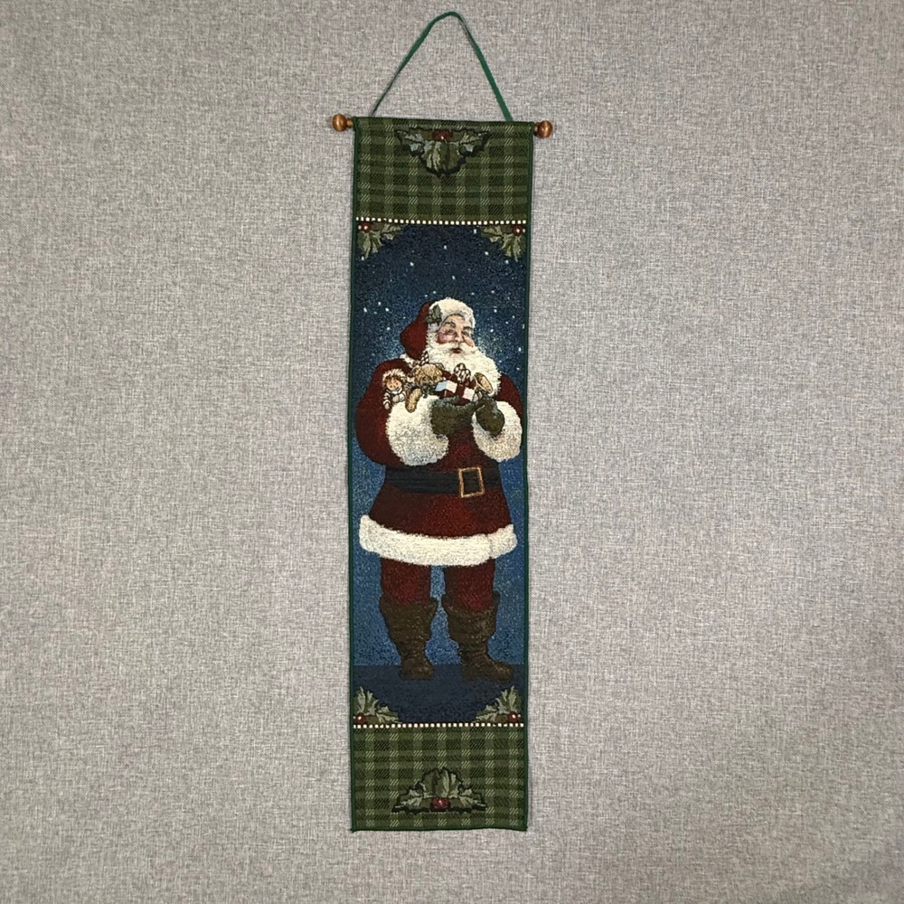 VTG American Weavers Santa Wall Hanging Decor Green Red Woven Tapestry 1998